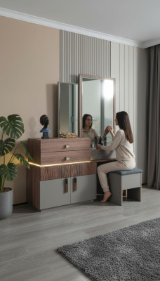 Muebles de dormitorio marrón-gris, cómoda de lujo con espejo, otomana tapizada.