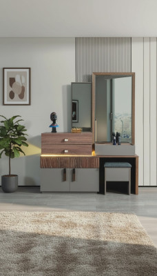 Muebles de dormitorio marrón-gris, cómoda de lujo con espejo, otomana tapizada.