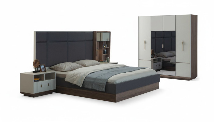 Dormitorio gris Conjunto de cama de diseñador Cama doble 2 mesitas de noche