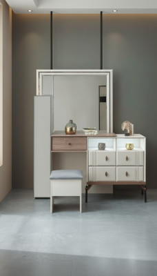 Mesa de tocador blanca con espejo de vidrio, taburete lujoso y muebles modernos.