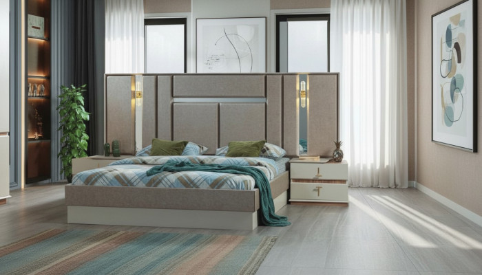 Muebles de dormitorio beige de lujo, camas de diseño, mesitas de noche.
