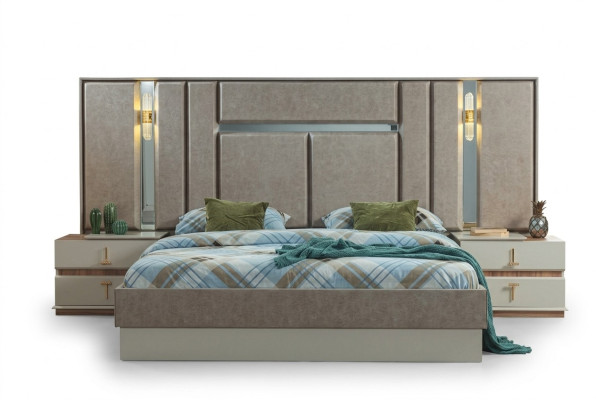 Muebles de dormitorio beige de lujo, camas de diseño, mesitas de noche.