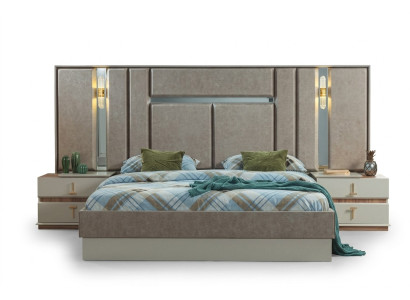 Muebles de dormitorio beige de lujo, camas de diseño, mesitas de noche.