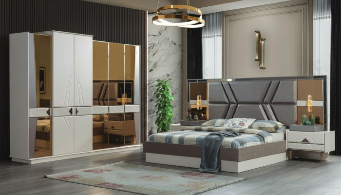 Elegante juego de dormitorio gris con 2 mesitas de noche y armario.