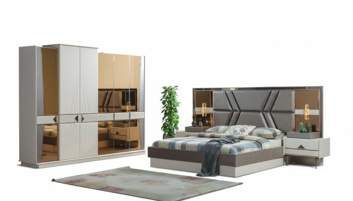 Elegante juego de dormitorio gris con 2 mesitas de noche y armario.