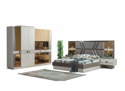 Elegante juego de dormitorio gris con 2 mesitas de noche y armario.
