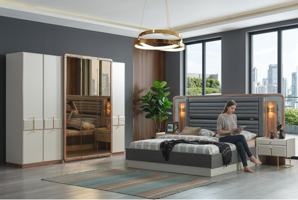 Conjunto de dormitorio de lujo completo Cama 2 mesitas de noche Muebles modernos de 4 piezas