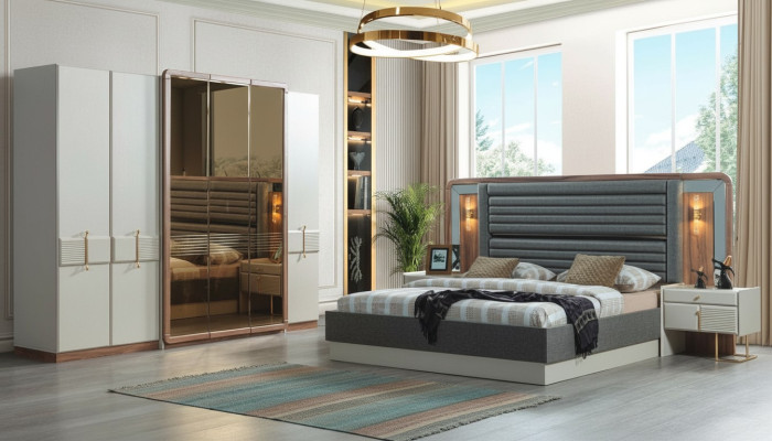 Conjunto de dormitorio de lujo completo Cama 2 mesitas de noche Muebles modernos de 4 piezas