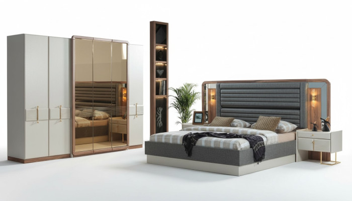 Conjunto de dormitorio de lujo completo Cama 2 mesitas de noche Muebles modernos de 4 piezas
