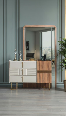 Cómoda moderna con espejo, conjunto de dormitorio de cómoda de diseñador de 2 piezas.
