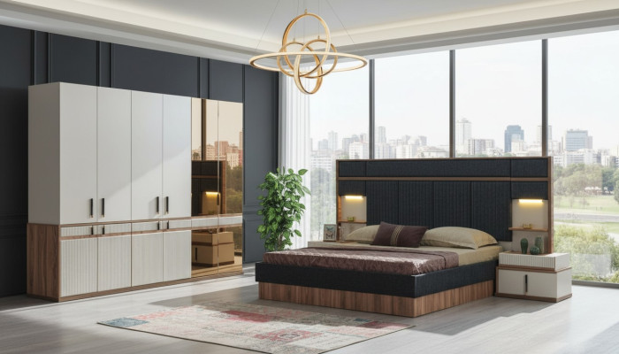 Muebles cama de lujo 2 mesitas de noche Armario conjunto de dormitorio