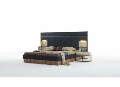 Conjunto de dormitorio moderno cama doble madera mesitas de noche cama textil