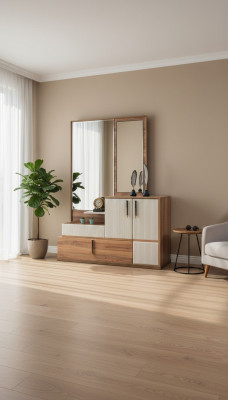 Cómoda blanca y marrón con espejo, conjunto de muebles de madera de diseñador para dormitorio.