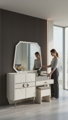 Blanco conjunto de dormitorio, muebles de lujo, tocador con taburete acolchado