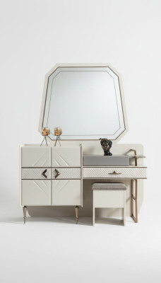 Blanco conjunto de dormitorio, muebles de lujo, tocador con taburete acolchado