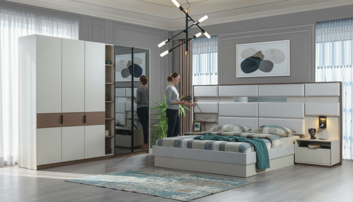 Juego de dormitorio blanco con cama doble, mesitas de noche, armario 4 piezas nuevo.