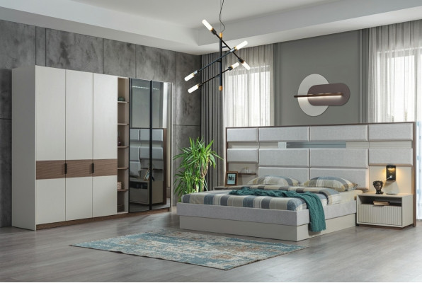 Juego de dormitorio blanco con cama doble, mesitas de noche, armario 4 piezas nuevo.