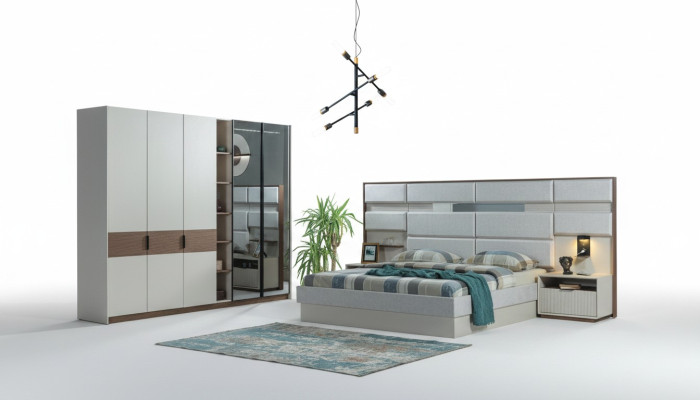 Juego de dormitorio blanco con cama doble, mesitas de noche, armario 4 piezas nuevo.
