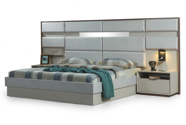 Muebles de dormitorio blancos, cama doble de diseñador de lujo, 2 mesitas de noche de madera.