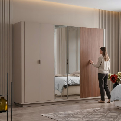 Armario beige para ropa, armarios de dormitorio con puertas de cristal, armario de 6 puertas.