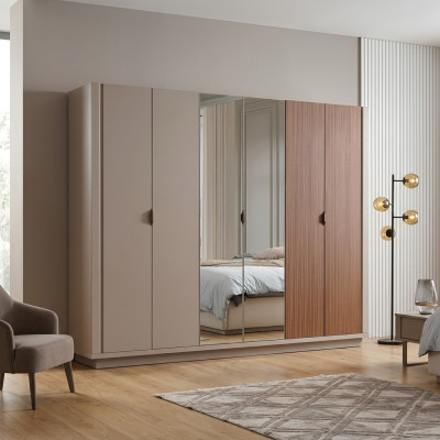 Armario beige para ropa, armarios de dormitorio con puertas de cristal, armario de 6 puertas.