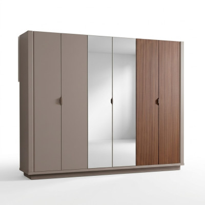 Armario beige para ropa, armarios de dormitorio con puertas de cristal, armario de 6 puertas.