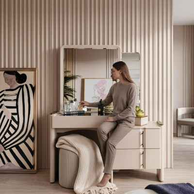 Juego exclusivo de 2 piezas de tocador de diseñador en color beige para el dormitorio con espejo.