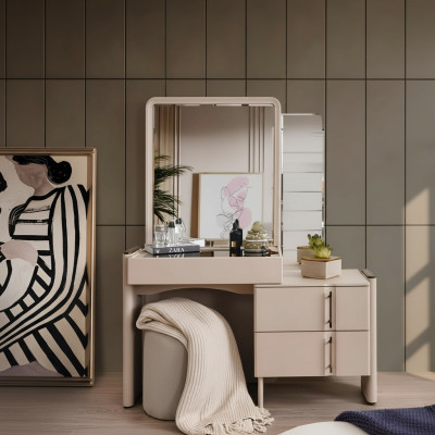 Juego exclusivo de 2 piezas de tocador de diseñador en color beige para el dormitorio con espejo.