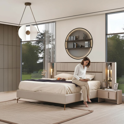 Dormitorio de lujo Cama doble beige 2 mesitas de noche Muebles modernos