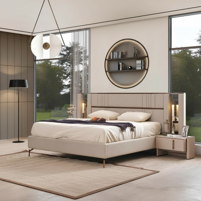 Dormitorio de lujo Cama doble beige 2 mesitas de noche Muebles modernos