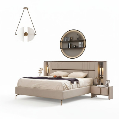 Dormitorio de lujo Cama doble beige 2 mesitas de noche Muebles modernos