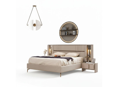 Dormitorio de lujo Cama doble beige 2 mesitas de noche Muebles modernos
