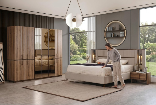 Moderna cama doble beige 2x mesitas de noche armario muebles de madera