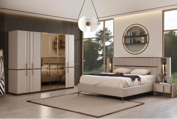 Moderna cama doble beige 2x mesitas de noche armario muebles de madera