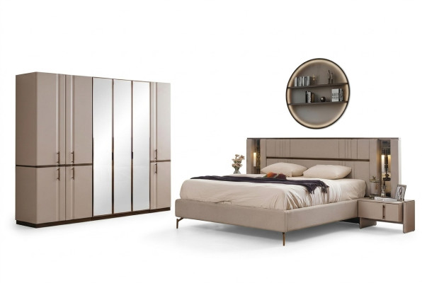 Moderna cama doble beige 2x mesitas de noche armario muebles de madera