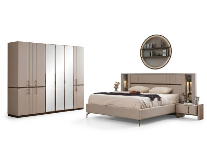 Moderna cama doble beige 2x mesitas de noche armario muebles de madera