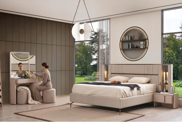 Muebles de dormitorio modernos Cama doble beige 2 mesitas de noche Tocador