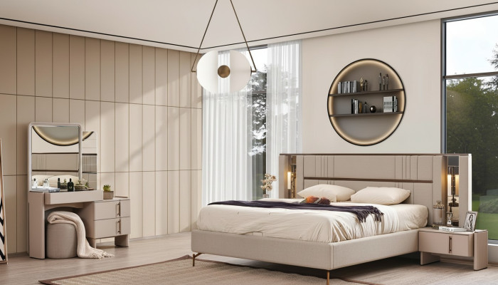 Muebles de dormitorio modernos Cama doble beige 2 mesitas de noche Tocador