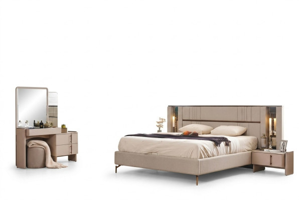 Muebles de dormitorio modernos Cama doble beige 2 mesitas de noche Tocador