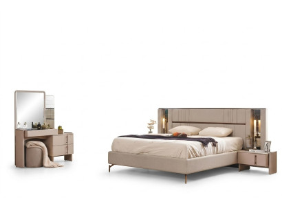 Muebles de dormitorio modernos Cama doble beige 2 mesitas de noche Tocador