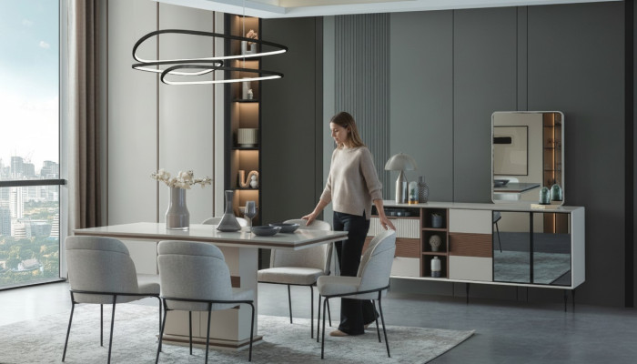 Grupo de comedor blanco Mesa de comedor rectangular 4 sillas Cómoda de lujo Espejo