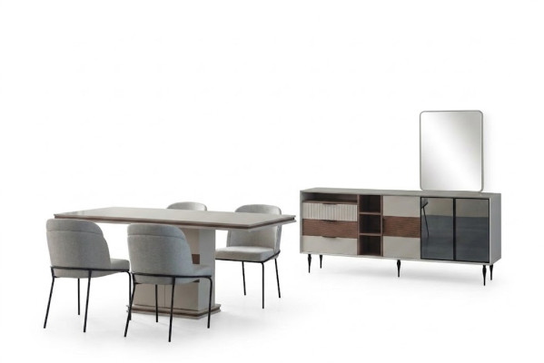 Grupo de comedor blanco Mesa de comedor rectangular 4 sillas Cómoda de lujo Espejo