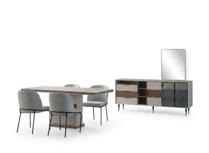 Grupo de comedor blanco Mesa de comedor rectangular 4 sillas Cómoda de lujo Espejo