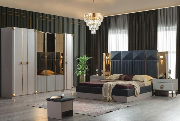 Muebles de dormitorio de lujo cama doble tapizada mesitas de noche de madera armario
