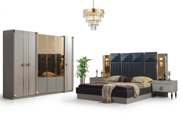 Muebles de dormitorio de lujo cama doble tapizada mesitas de noche de madera armario