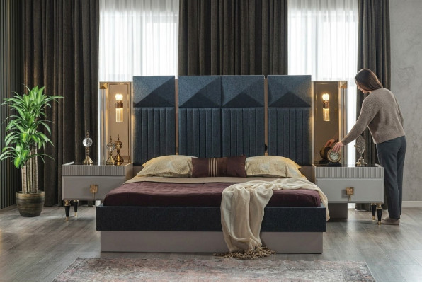 Muebles de dormitorio modernos diseñador Cama gris 2 mesitas de noche de madera 3 piezas