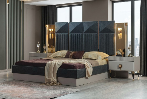 Muebles de dormitorio modernos diseñador Cama gris 2 mesitas de noche de madera 3 piezas