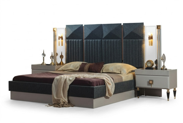 Muebles de dormitorio modernos diseñador Cama gris 2 mesitas de noche de madera 3 piezas