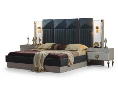 Muebles de dormitorio modernos diseñador Cama gris 2 mesitas de noche de madera 3 piezas