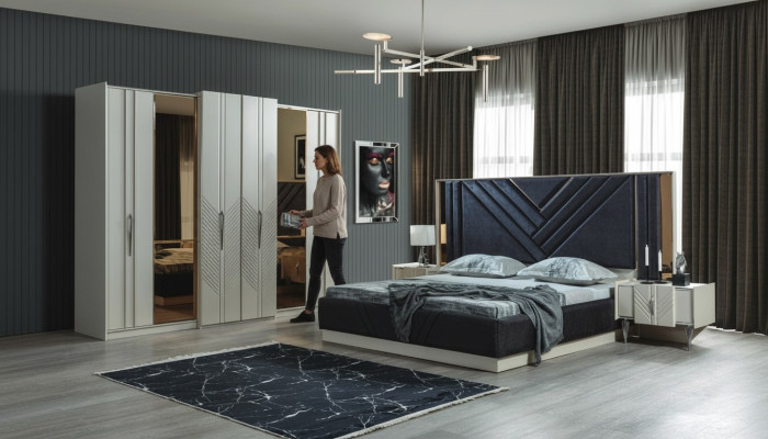 Dormitorio Camas Armario de diseñador Madera Mesitas de noche Conjunto